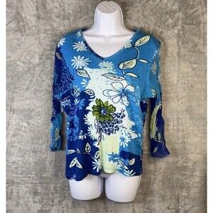 Vintage Tantrums Y2K Top M Blue Floral Sheer Sleeve Artsy Fairy Blouse